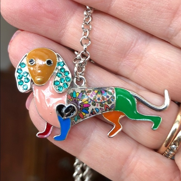 Dachshund necklace enameled metal CZ detail - Picture 5 of 5